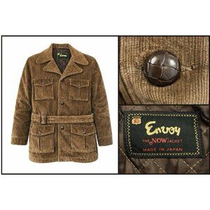 Vintage 70s Envoy Japan Brown Corduroy Belted Field Jacket Button Up Size Medium